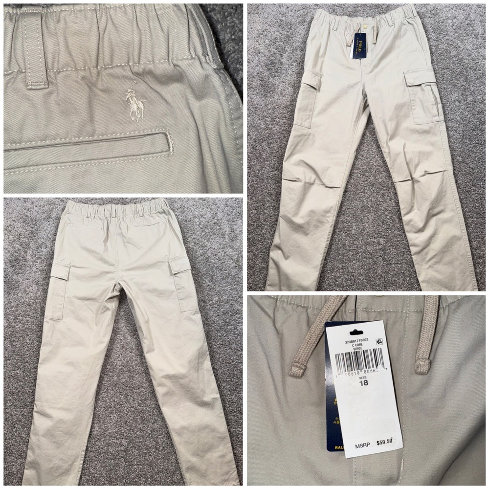Polo Ralph Lauren Boys Stretch Chino Cargo Pants Sz 18 Beige Elastic Waist NEW